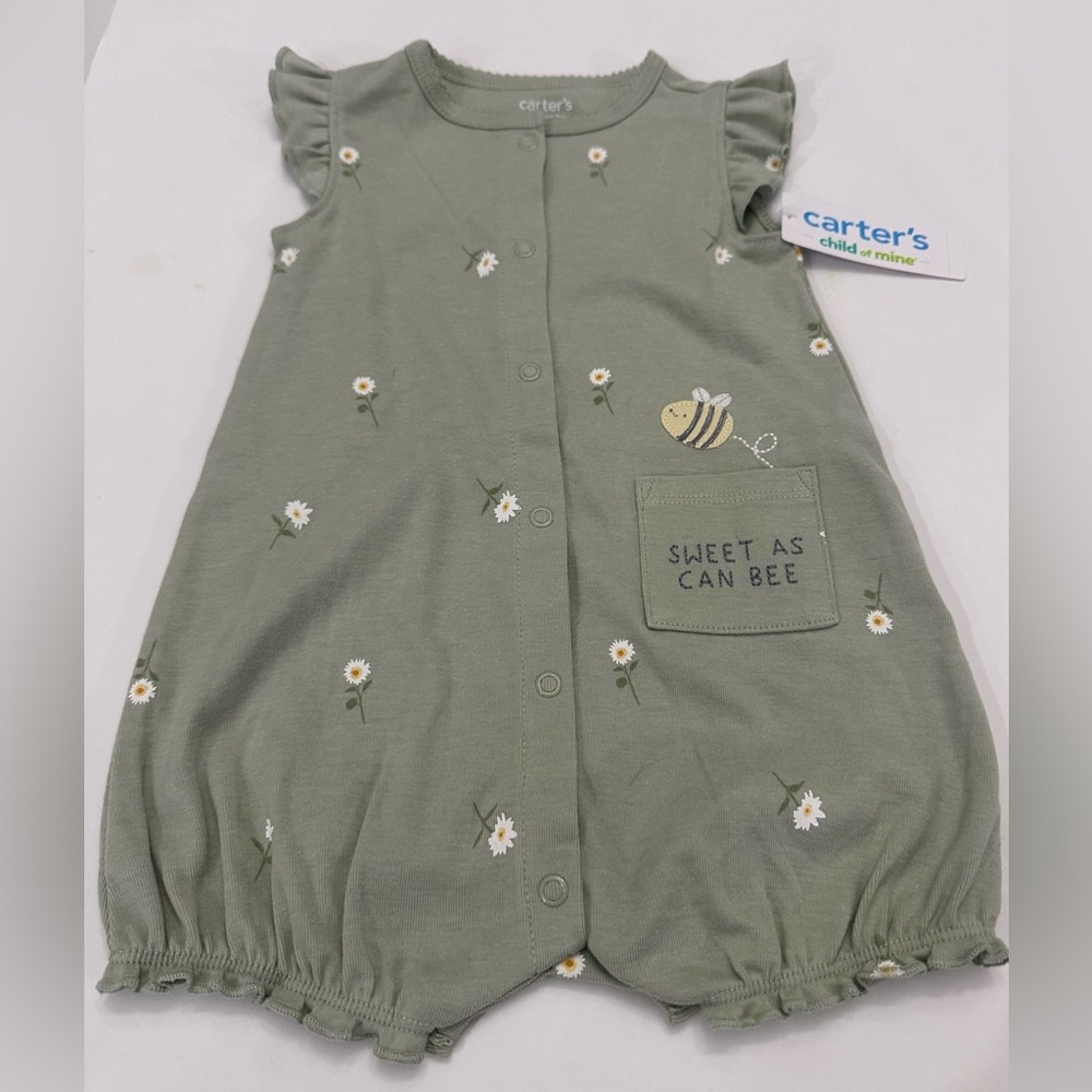 Carter's Olive Green Bee & Daisy Baby Girl Pocket Romper Size 3-6 Months